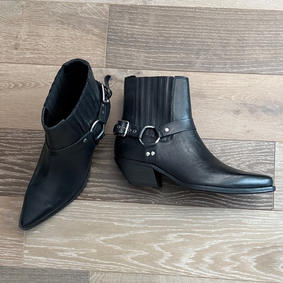 Zara Leather Cowboy Black Ankle Boots with Buckle Detail - Picture 1 of 4